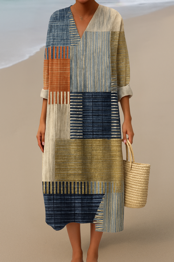 Maxi šaty s patchwork vzorem – Přírodní barvy pro bohémský vzhled
